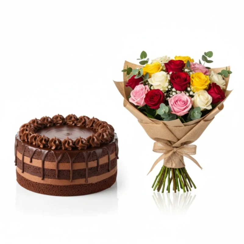 Chocolate Round Cake & Mixed Roses