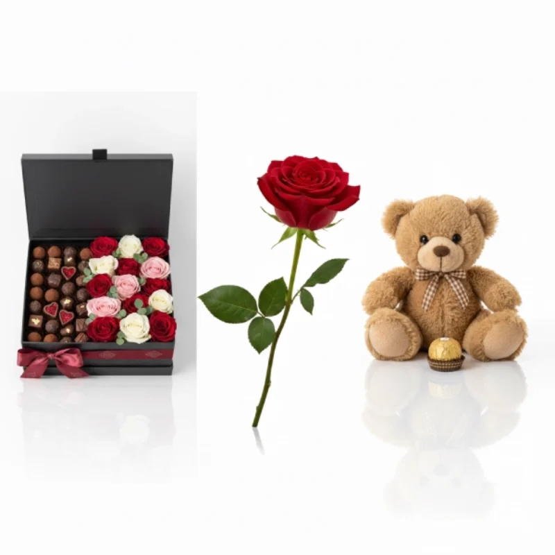 Chocolate box W/ Red rose & Teddy bear